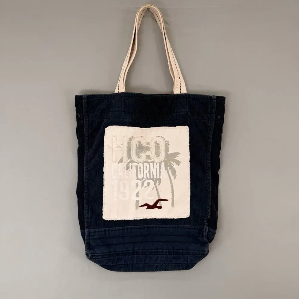 Hollister Dark Blue Corduroy 100% Cotton Y2K Shoulder Bag Seagull Logo Daily Bag